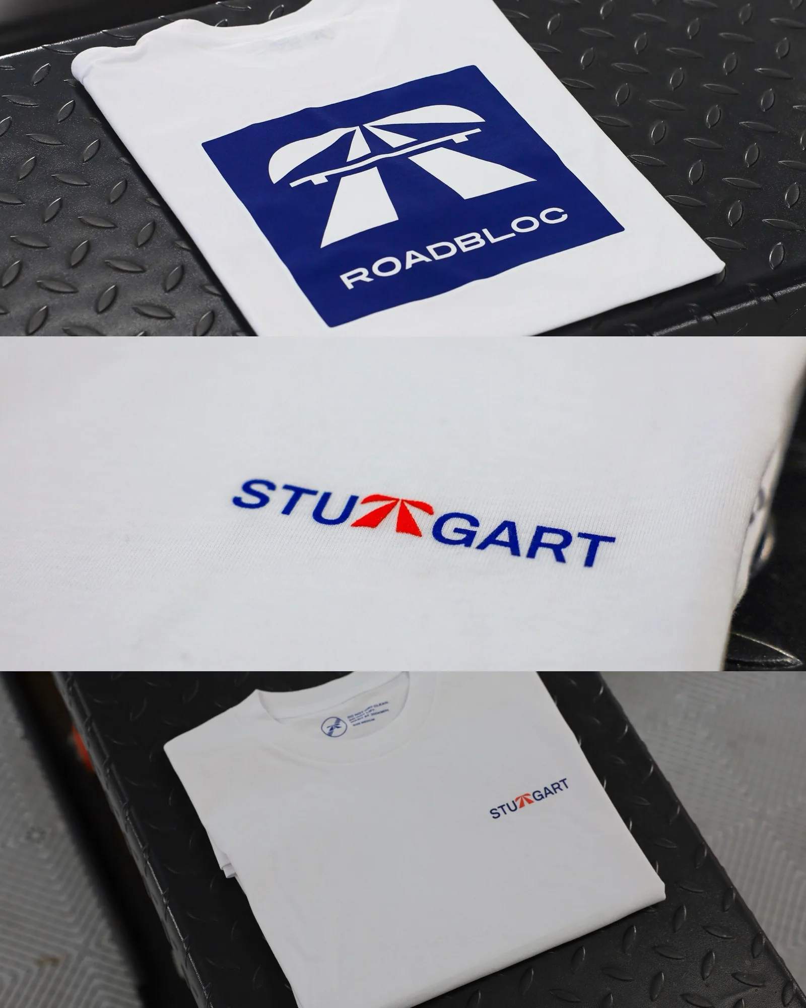 The Autobahn Tee by Roadbloc, white with the blue road sign graphic