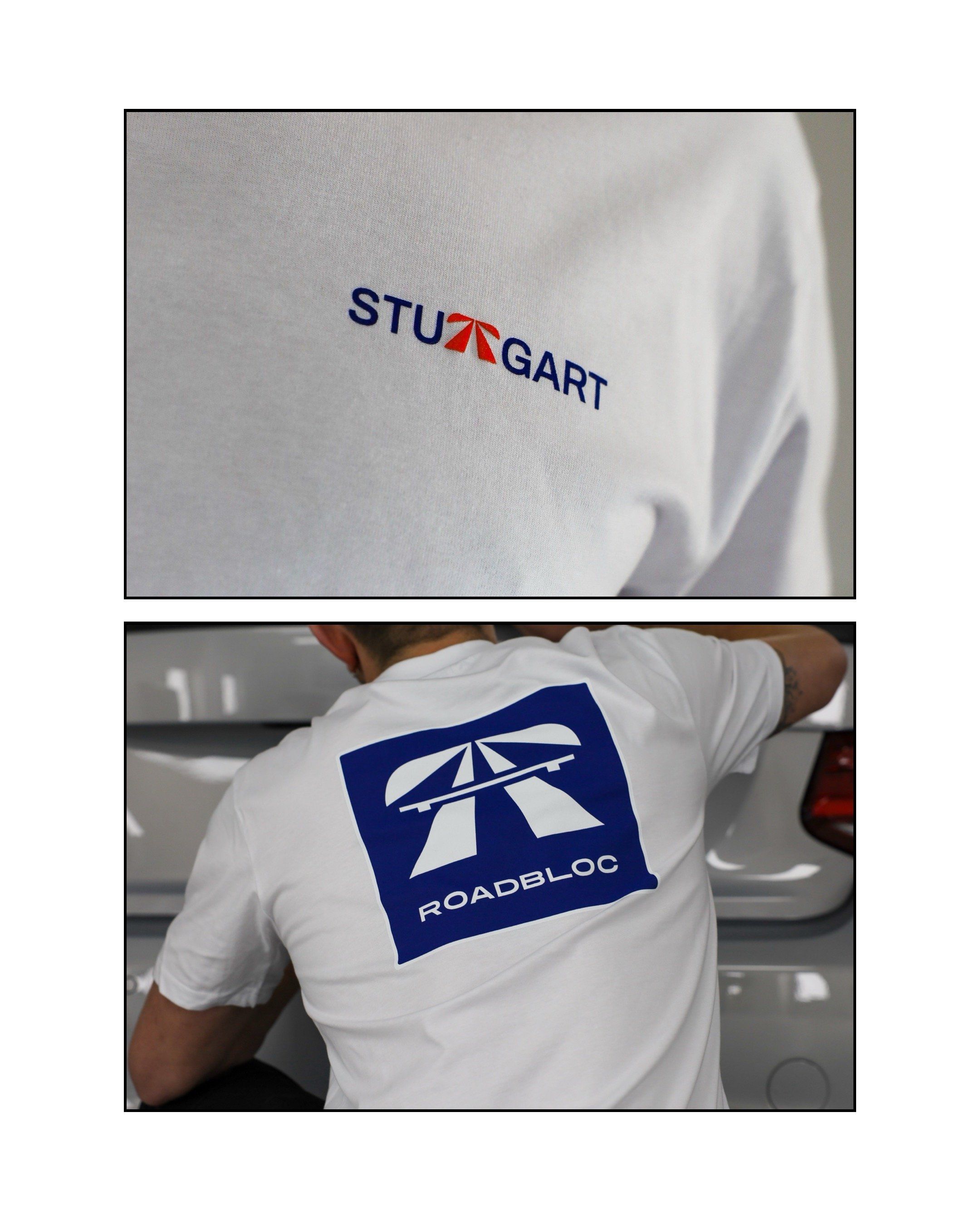 The Autobahn Tee by Roadbloc, white with the blue road sign graphic