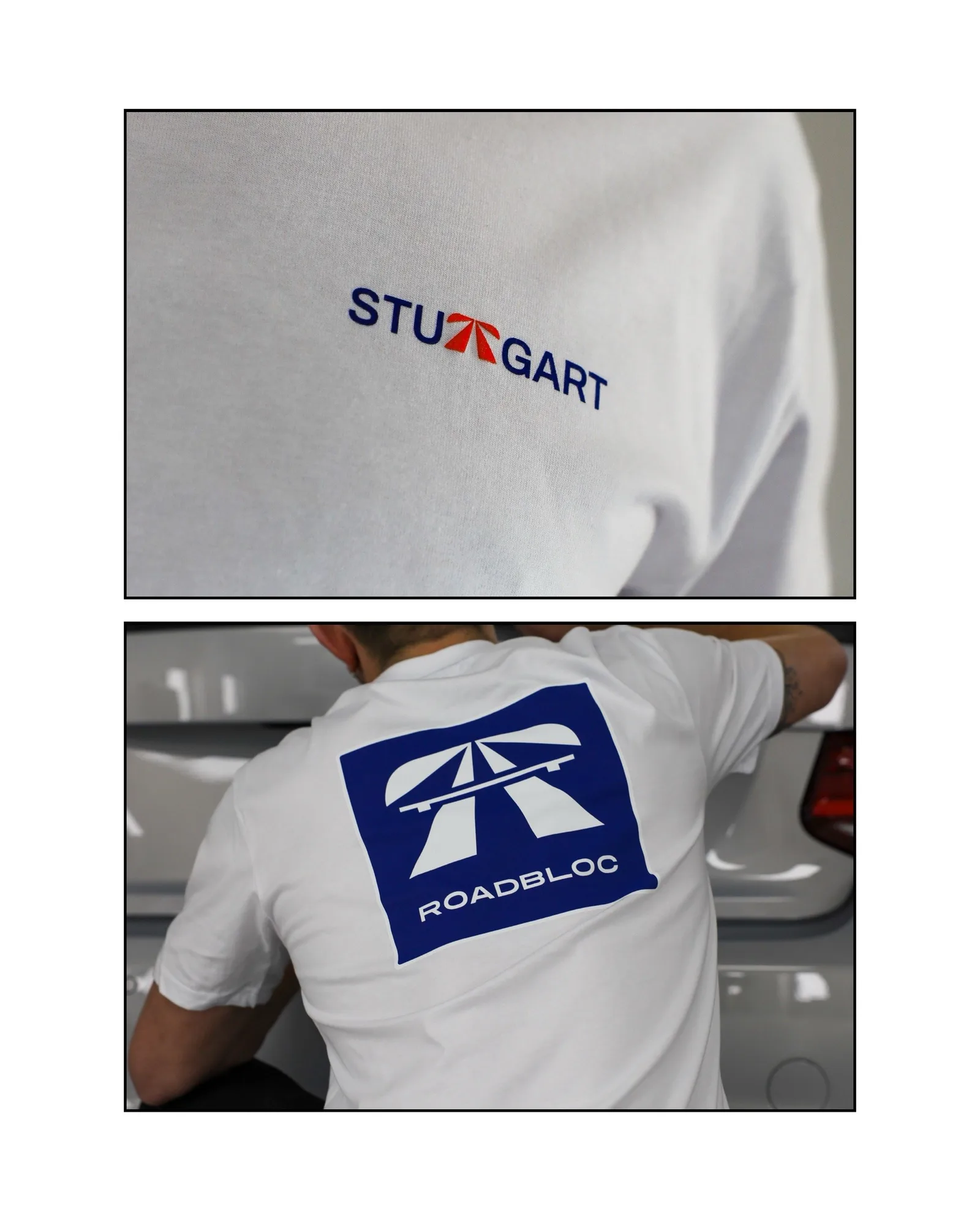 The Autobahn Tee by Roadbloc, white with the blue road sign graphic