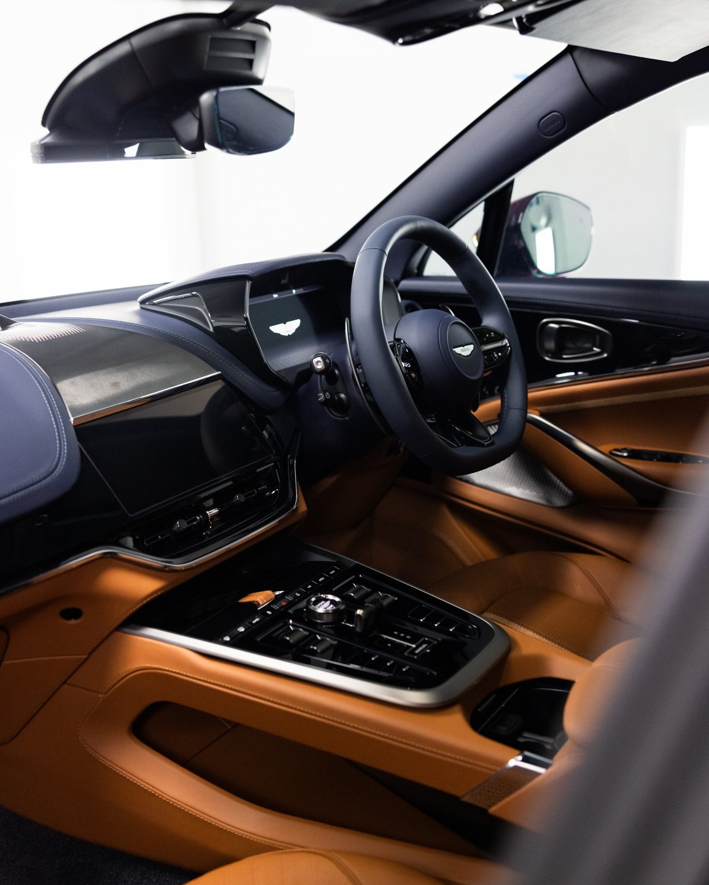 The DBX's tan leather seats and stitched dash, coated