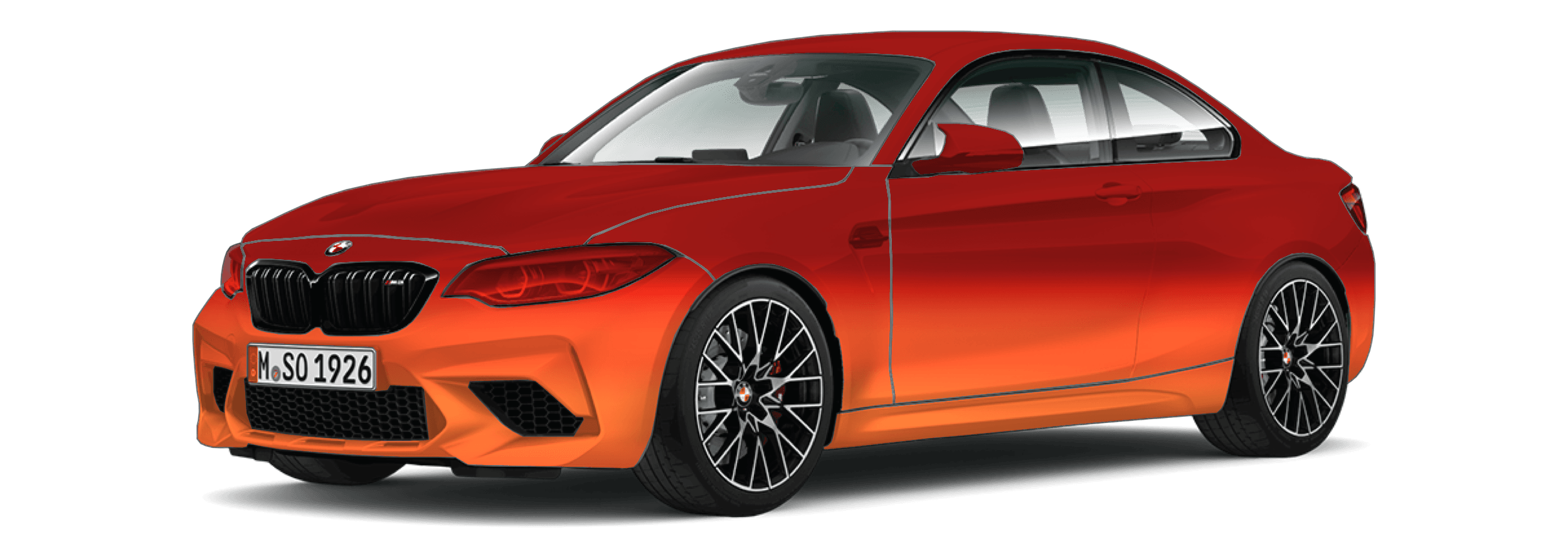 Coverage diagram: every exterior panel marked on a coupe