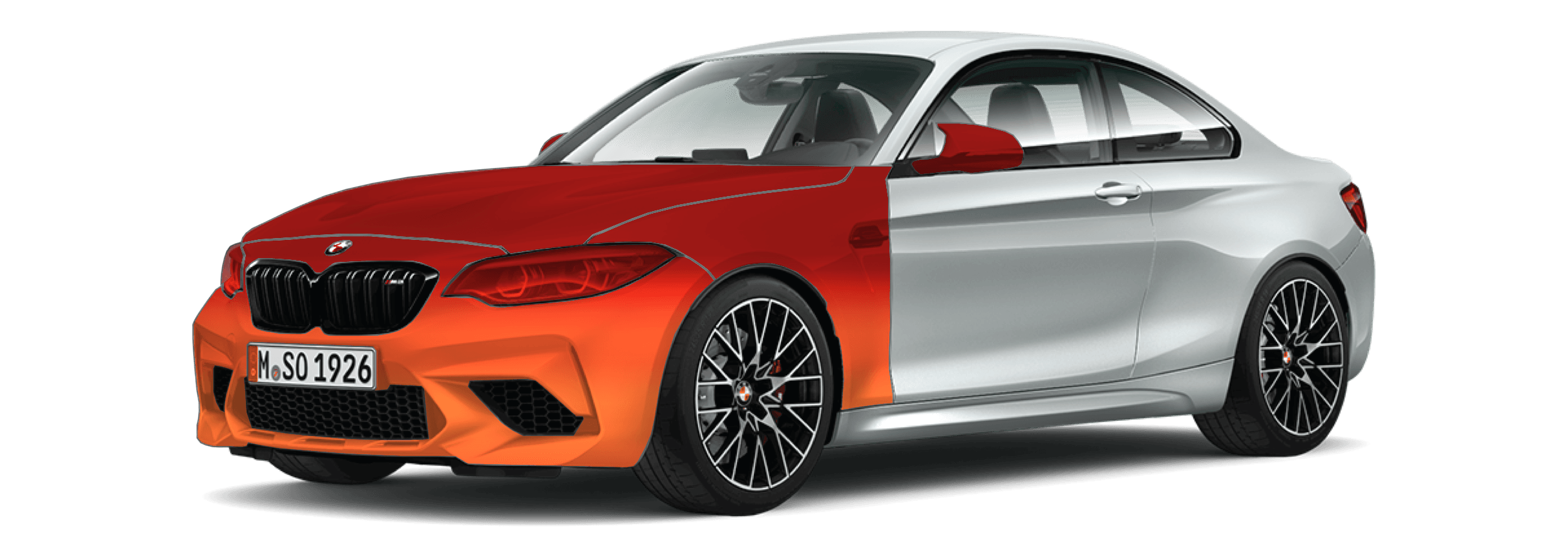 Coverage diagram: the front bumper, front guards, bonnet and mirrors marked on a coupe
