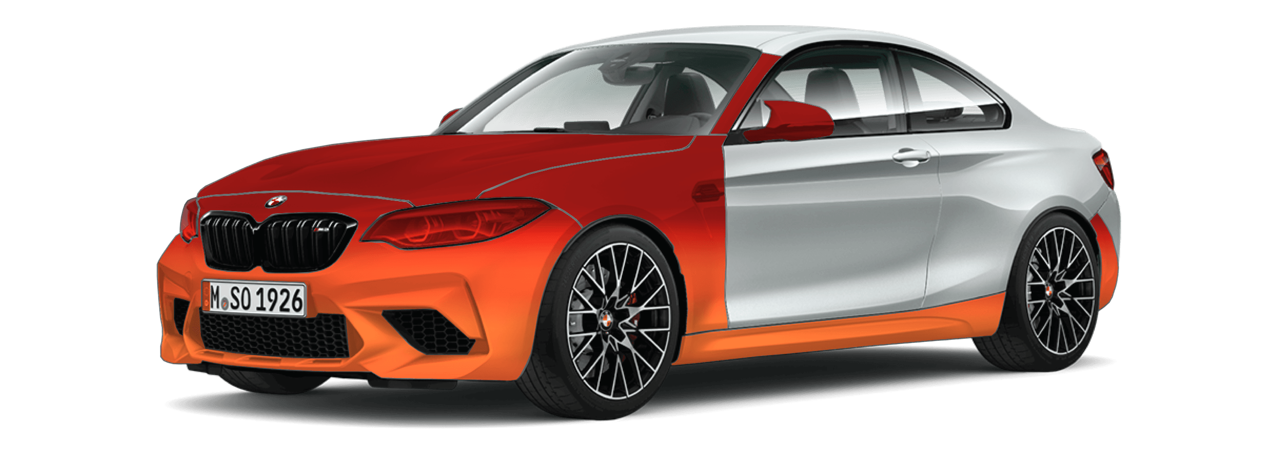 Coverage diagram: the front panels plus A-pillars, side skirts, luggage strip and rear spats marked on a coupe